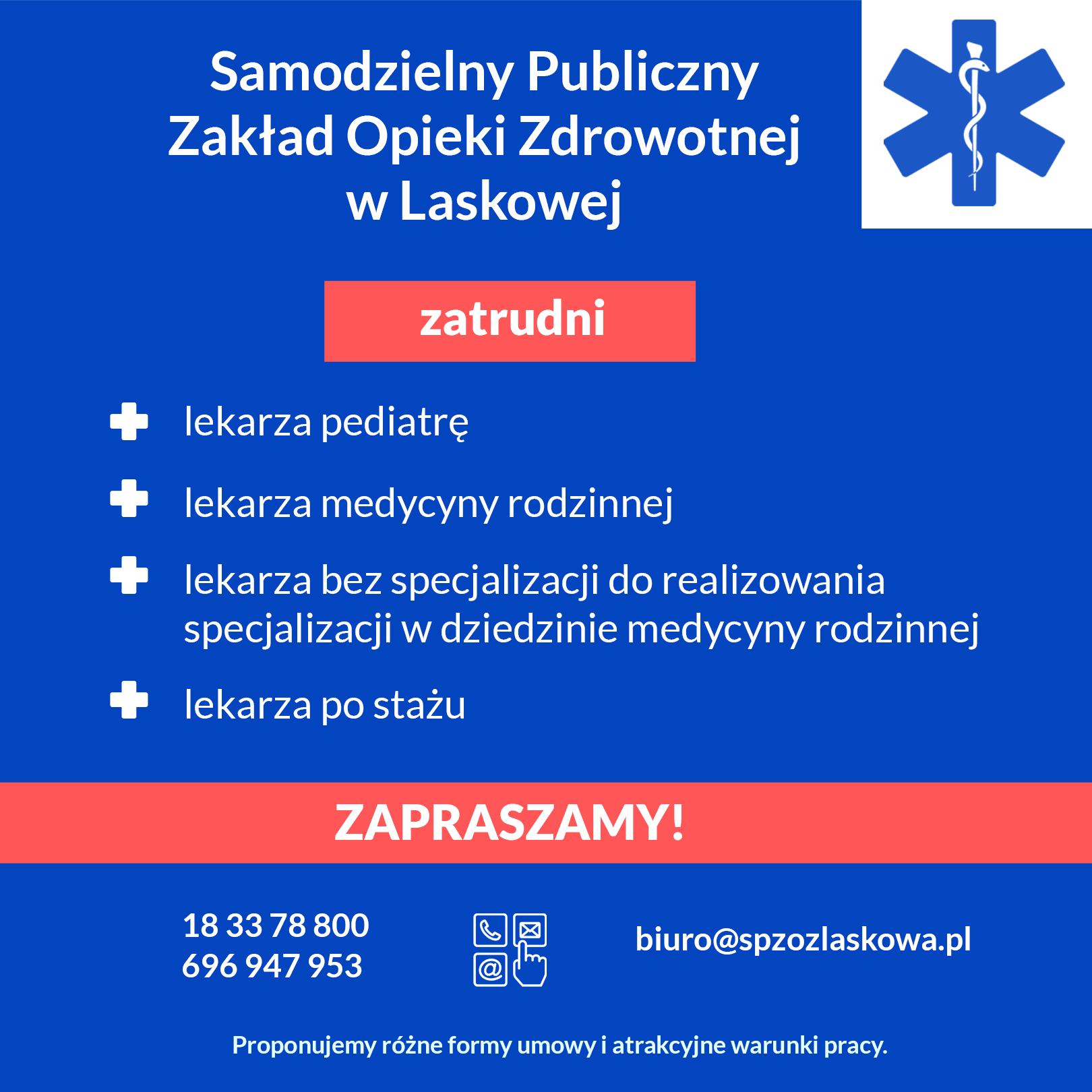 Baner informujący o tym, że SPZOZ w Laskowej zatrudni lekarzy różnych specjalności